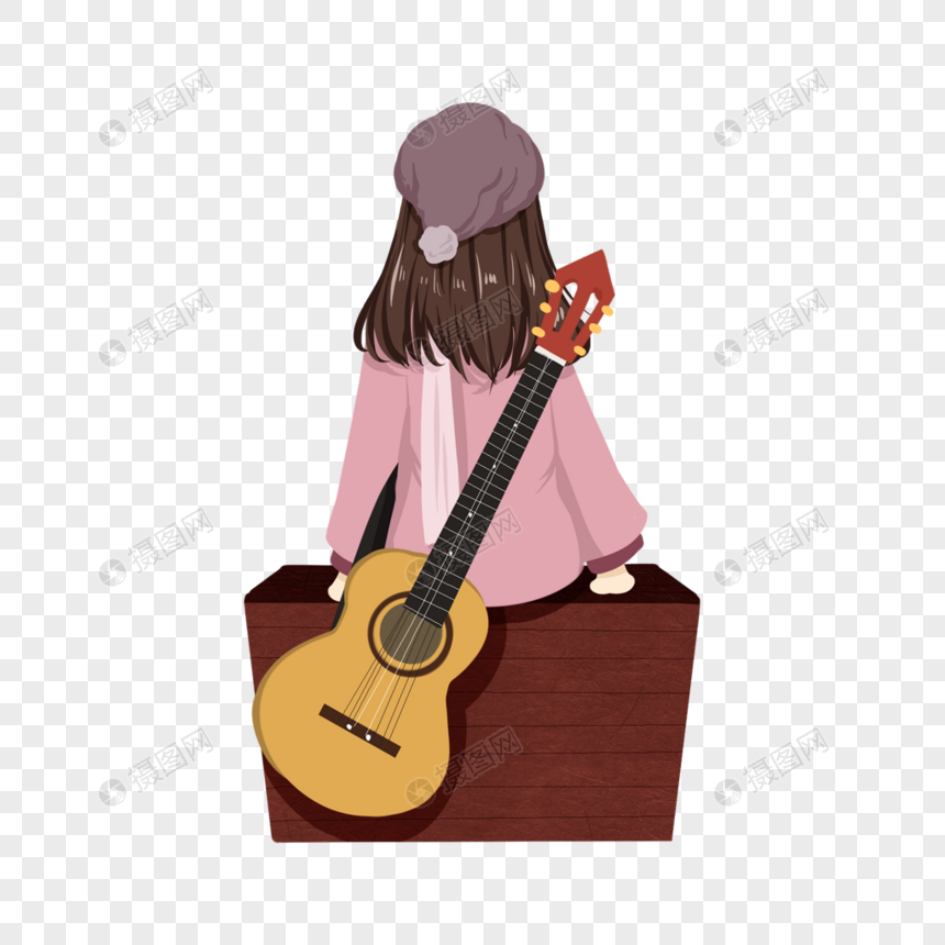 手绘/卡通元素 背着吉他坐在行李箱上的女孩.