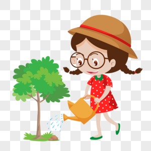 卡通女孩可爱给小树苗浇水的可爱女孩素材