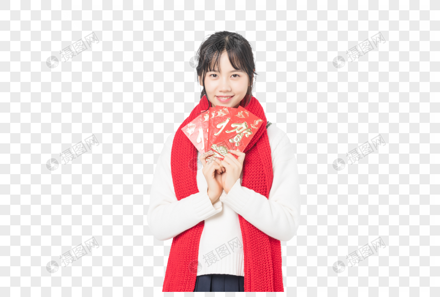 新春少女手拿红包图片