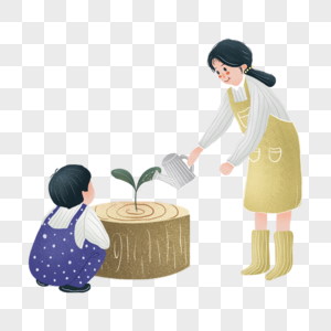 种树的母子浇树的亲子高清图片