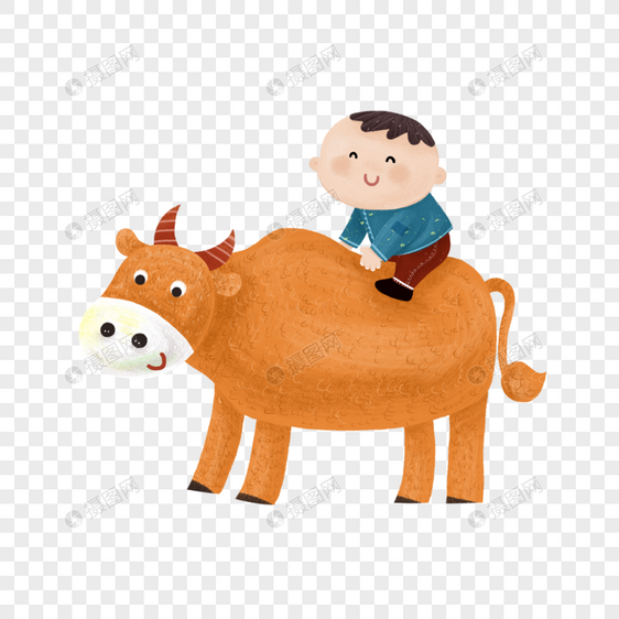 坐在牛背上的男孩图片