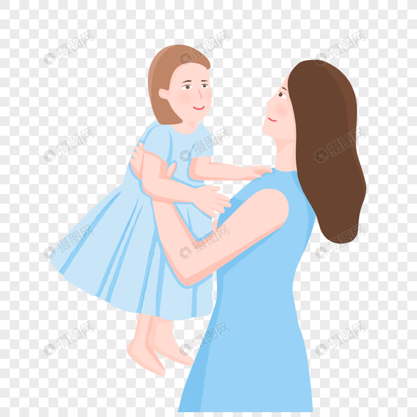 手绘妈妈抱起女儿人物形象