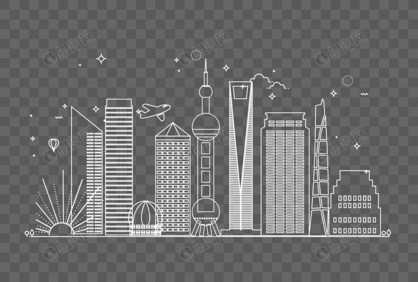 免抠元素 手绘/卡通元素 东方明珠 上海简约线条外滩地标元素.