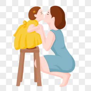 手绘母亲俯身亲吻女儿人物形象图片