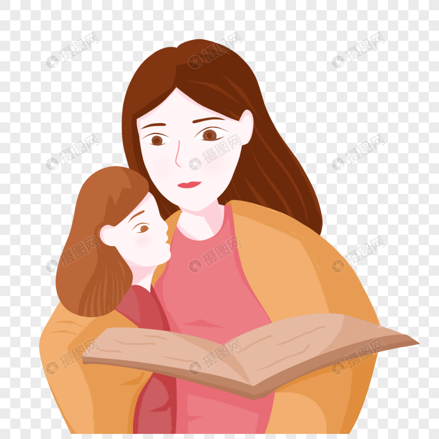 手绘妈妈和女儿裹着毯子读书人物形象图片