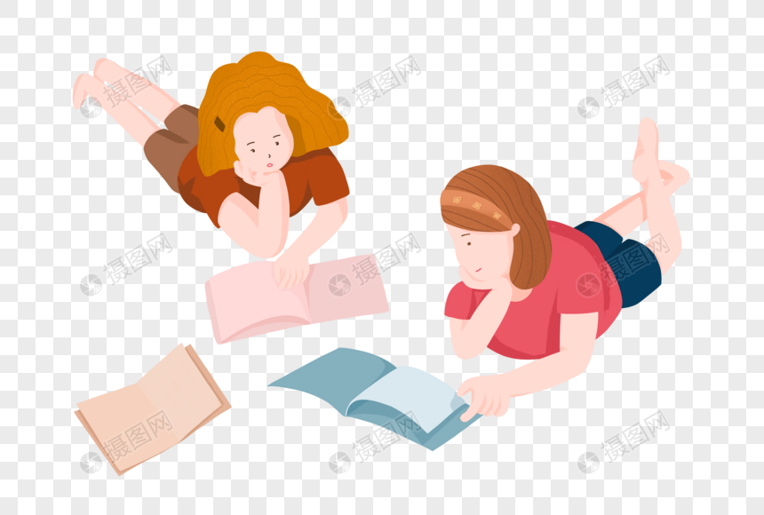 手绘两个儿童趴在地上读书人物形象图片
