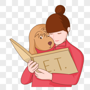 手绘少女与宠物一起读书人物形象图片