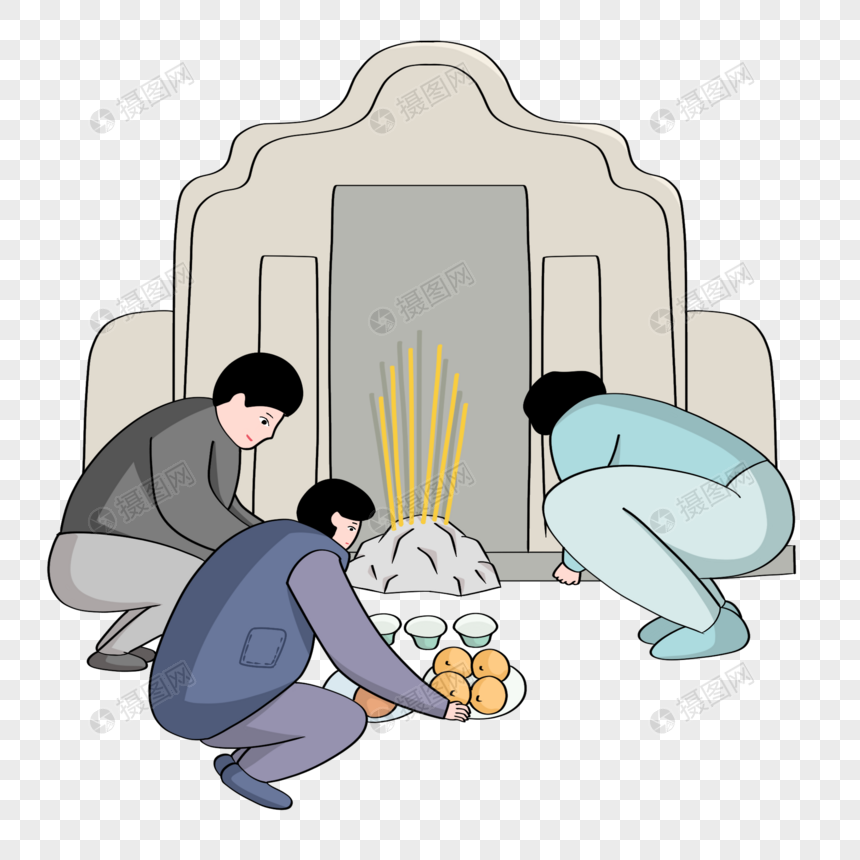 手绘清明节祭祖上香