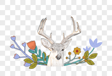 手绘春天的花卉与麋鹿高清图片