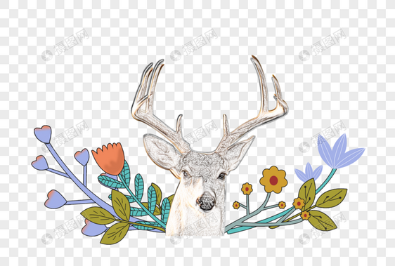 手绘春天的花卉与麋鹿图片