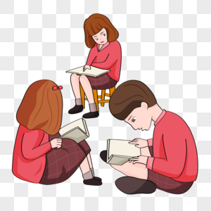 手绘三个小朋友坐着阅读图片