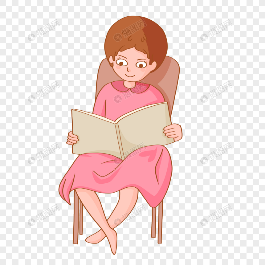 手绘女孩坐在椅子上读书图片
