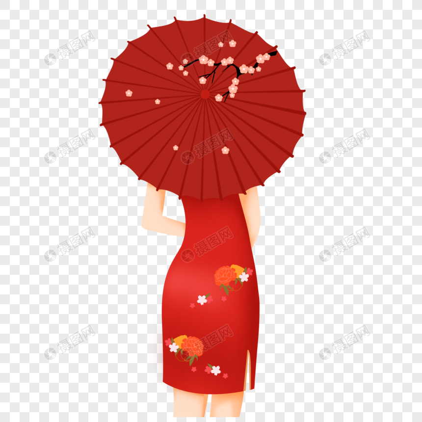 撑伞旗袍美女背影