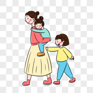 清新卡通母亲节母女三人场景元素图片