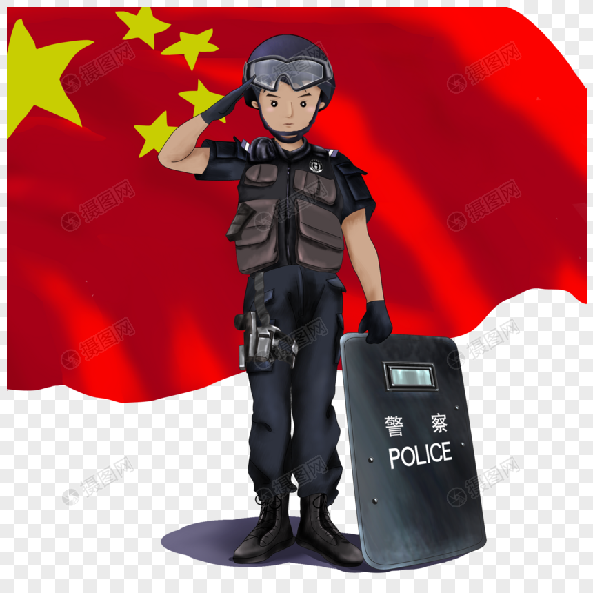 红旗下敬礼的警察