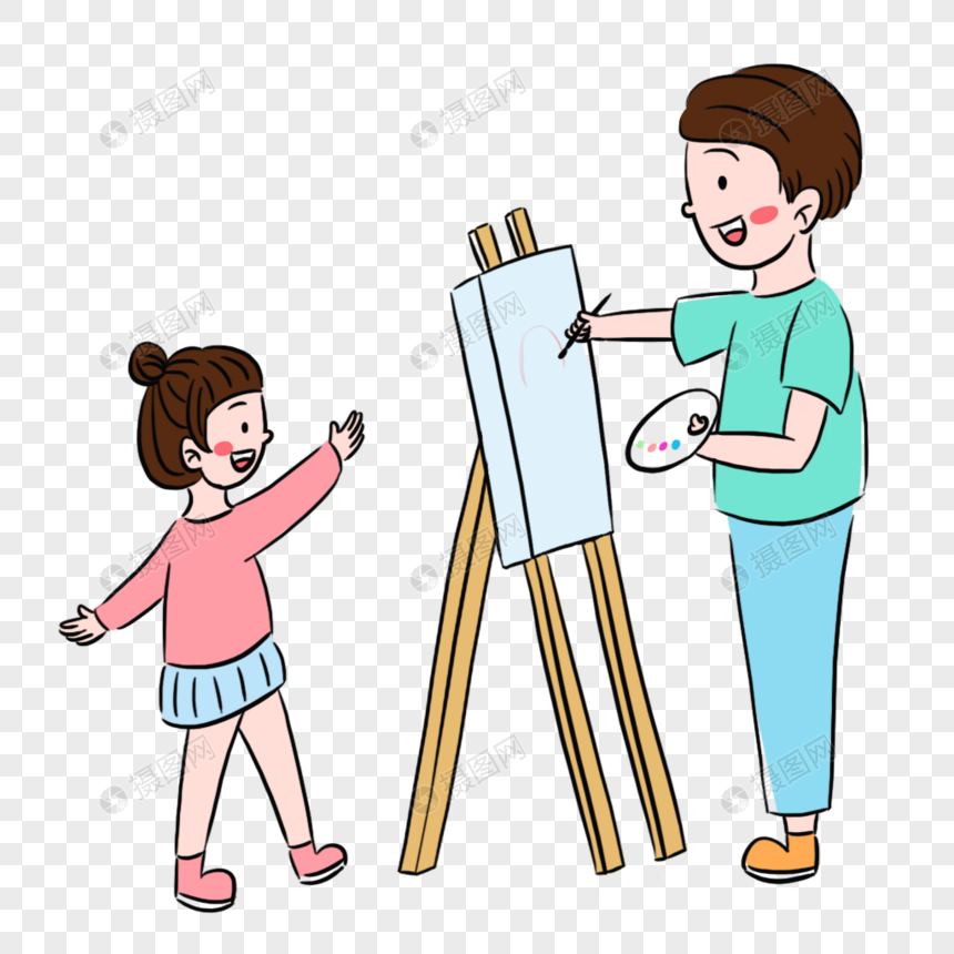 彩色温馨爸爸给女儿画画场景