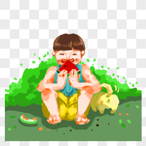 手绘免抠吃西瓜的小男孩图片