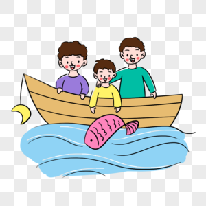 清新儿童节父子三人坐船场景图片