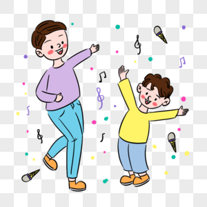 彩色卡通爸爸与孩子唱歌跳舞场景高清图片