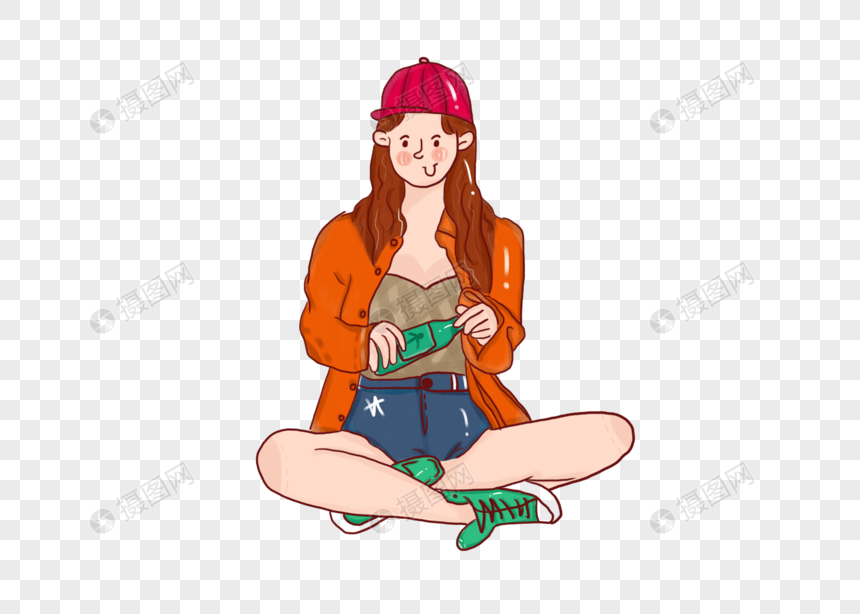 休闲卡通喝水女生