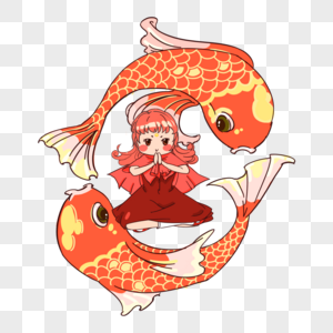卡通手绘小女孩锦鲤素材
