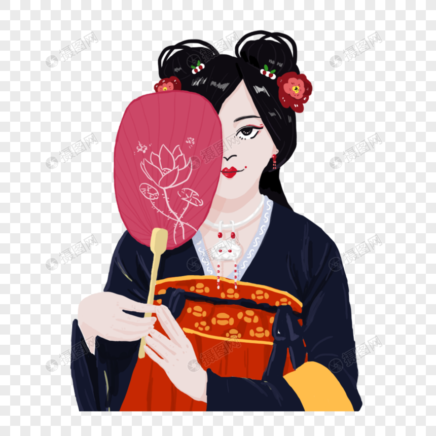 手拿扇子半遮面的汉服女古风手绘人物