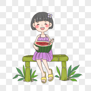 小女孩吃西瓜立夏PNG高清图片