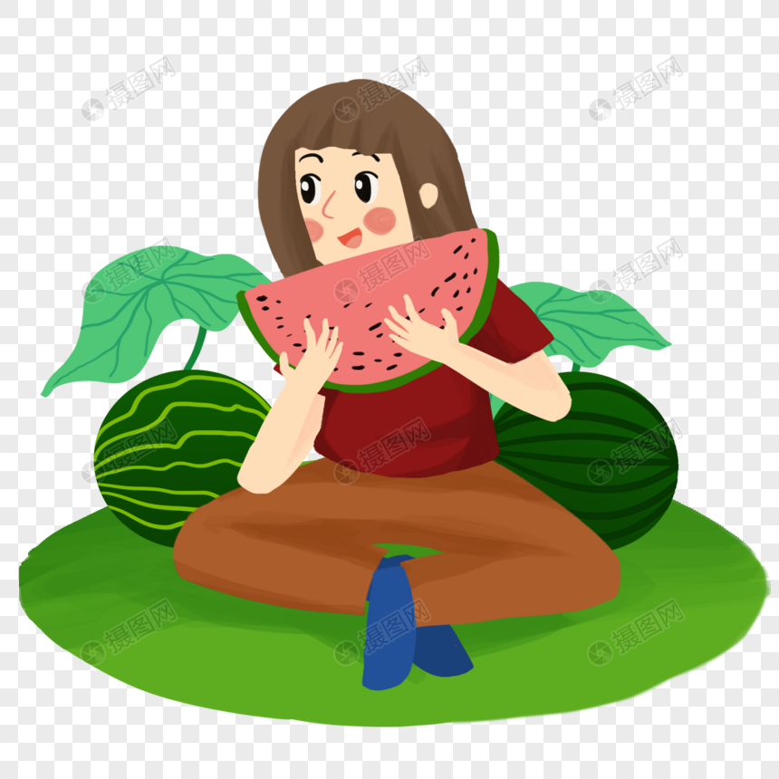 手绘/卡通元素 盘腿吃西瓜旳女孩.