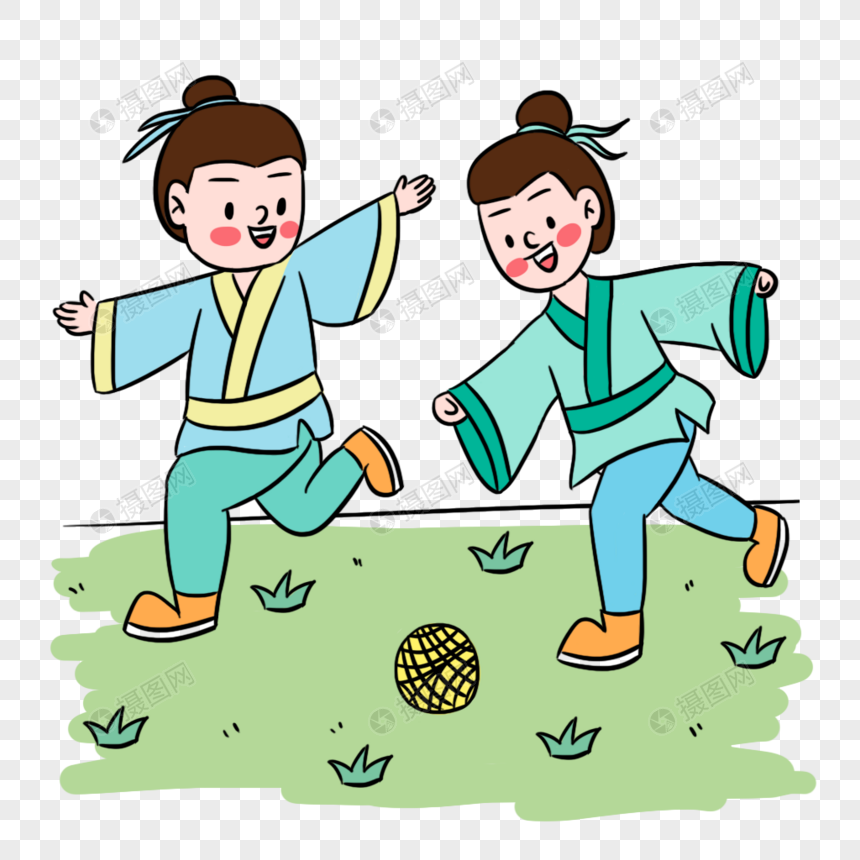 彩色卡通古风人物蹴鞠元素