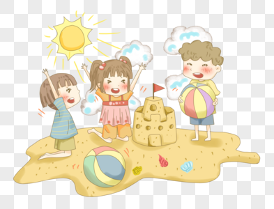 夏天沙滩玩耍晒太阳插画PNG图片