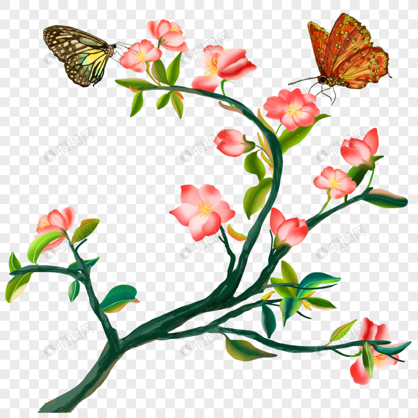 免抠元素 手绘/卡通元素 中国风水彩水墨原创手绘立夏桃花戏蝶工笔.