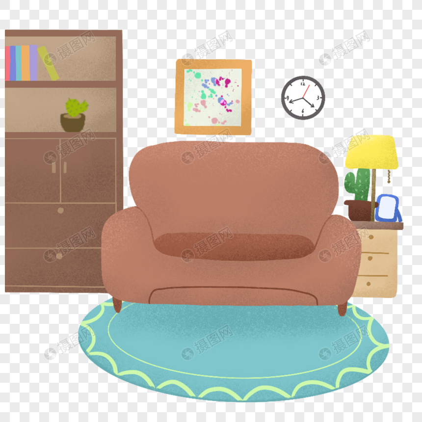 免抠元素 手绘/卡通元素 可爱噪点风格手绘插画家里一角.