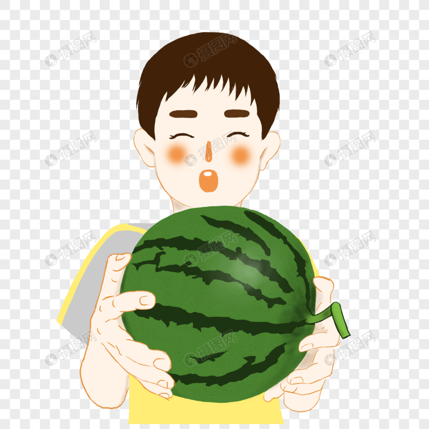 夏天抱着大西瓜的可爱男孩手绘免扣素材图片