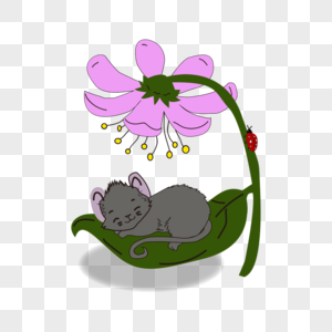 卡通手绘小老鼠睡在花叶片上图片