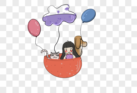 坐在热气球的小女孩和她的猫狗高清图片