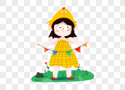 儿童节小女孩头戴小鸡帽子手拿彩旗在草地玩耍图片