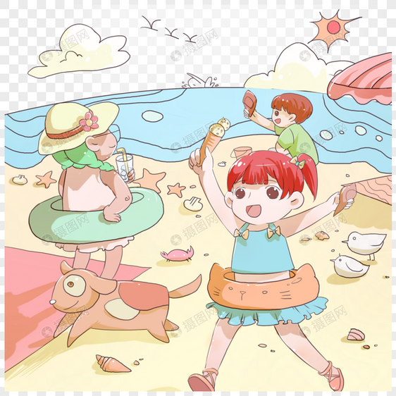 小孩海边沙滩游泳嬉戏图片