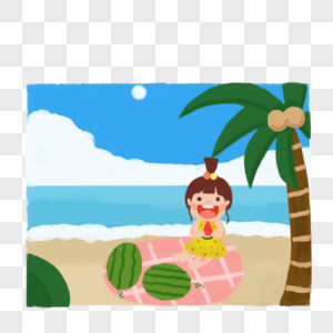 夏天在海边吃西瓜的小女孩图片