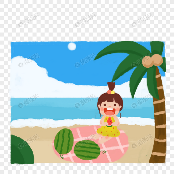 夏天在海边吃西瓜的小女孩图片