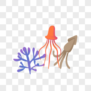 手绘卡通小清新可爱海洋日海底生物珊瑚水母乌贼彩色创意元素免扣图片