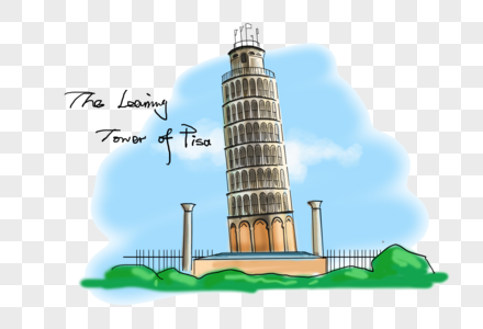 意大利比萨地标斜塔手绘高清图片
