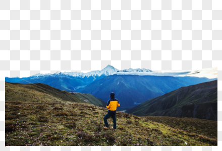 探险旅行攀登山顶远看贡嘎群山风景图片