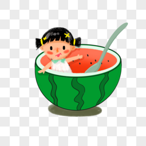 坐在大西瓜里吃西瓜的小女孩图片