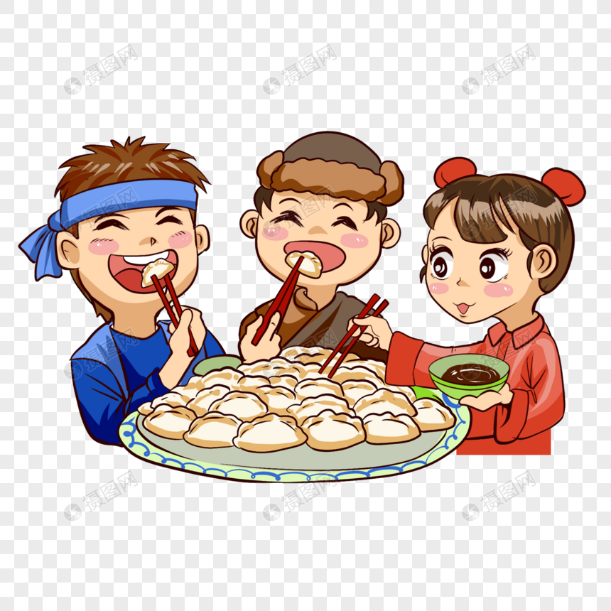 三个小孩吃饺子