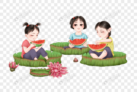 坐在荷叶上吃西瓜的小朋友图片