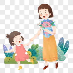 母亲节孩子给母亲献花牵手亲情高清图片素材