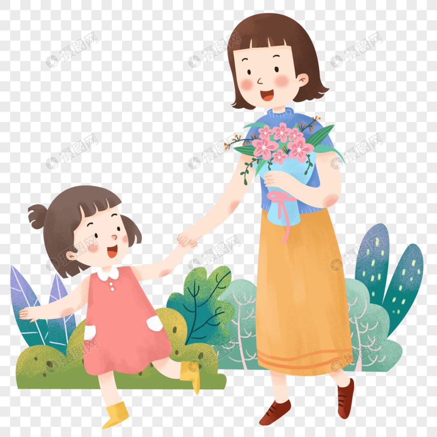母亲节孩子给母亲献花牵手