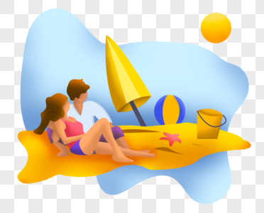 夏日沙滩海边度假情侣噪点卡通扁平手绘插画透明png图片