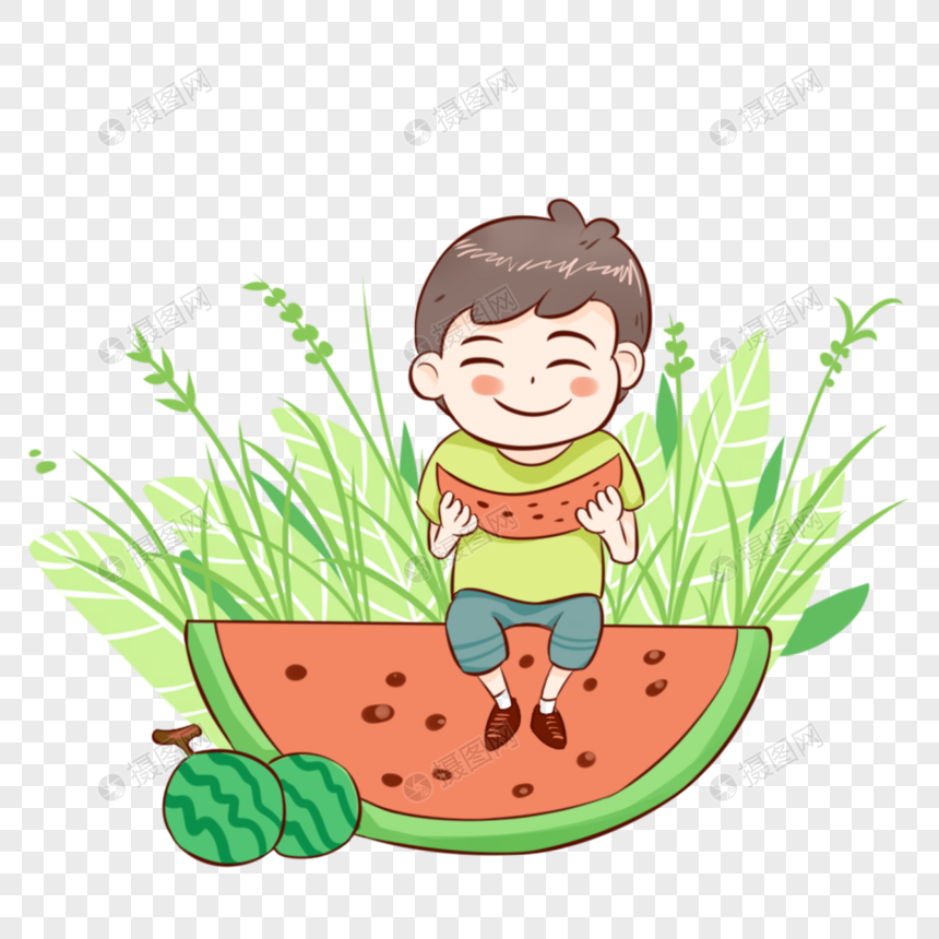 坐在西瓜上吃西瓜的男孩