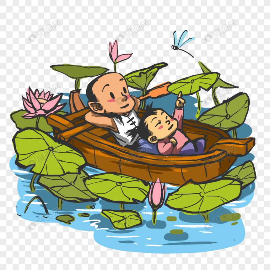 坐在船上赏荷花的情侣